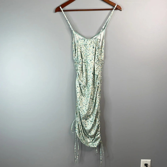 SHEIN Ditsy Floral Ruched Dress Light Teal Cutout Drawstrings Tied Spaghetti S - Picture 10 of 15